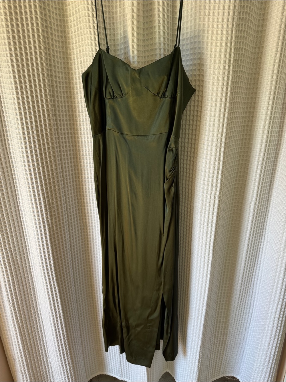 Zara Olive Green Satin Maxi Slip Dress with Spaghetti Straps